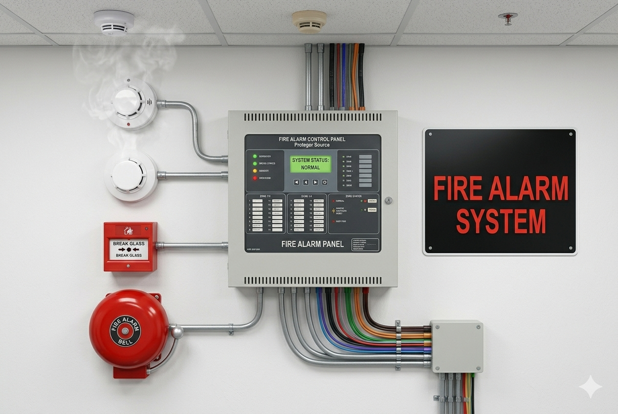 Fire alarm system showing breakglass, smoke & heat detectors and panel